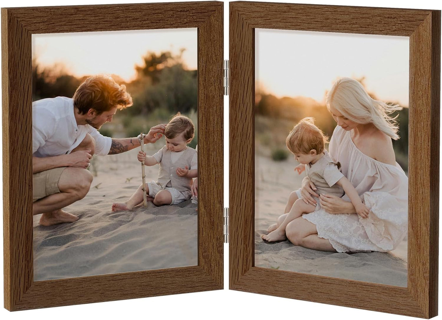 Axeman 6x8 Double Picture Frame - Solid Oak Wood Vertical Hinged 6x8 Photo Frame 2 Opening Folding Family Frames Collage With Real Glass for Tabletop Displa, Hanging Hardware Included | Walnut