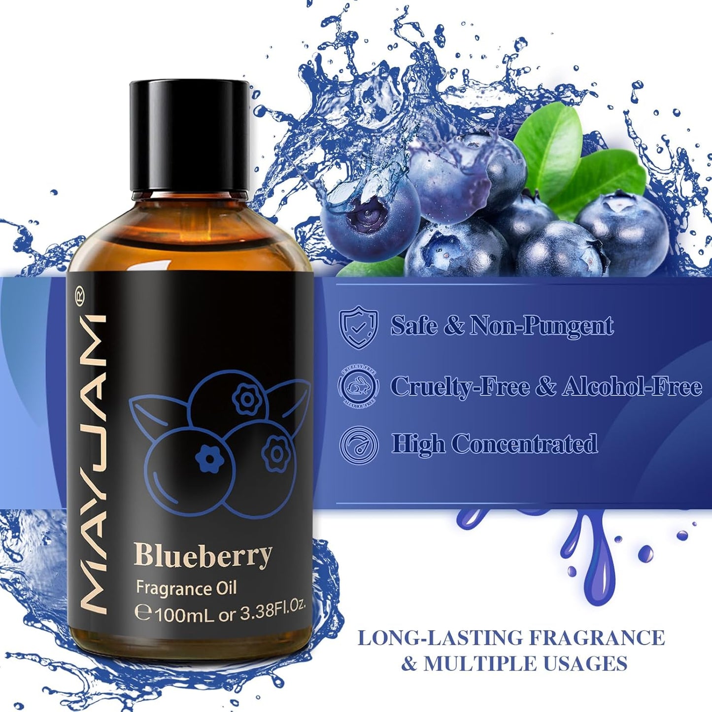 MAYJAM 100ML/3.38FL.OZ Blueberry Fragrance Oils with Glass Dropper, Essential Oils for Diffusers for Home, Long Lasting Scented Oils for Diffusers Soap Candle Making