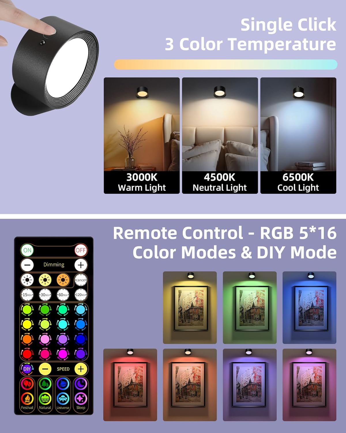 Wall Mounted Lights, 2 Pack Rechargeable RGB Color Changing Light, 3 Color Temps & Remote and Touch, 360°Rotation Dimmable Cordless for Study Bedroom Reading Bedside (Black)