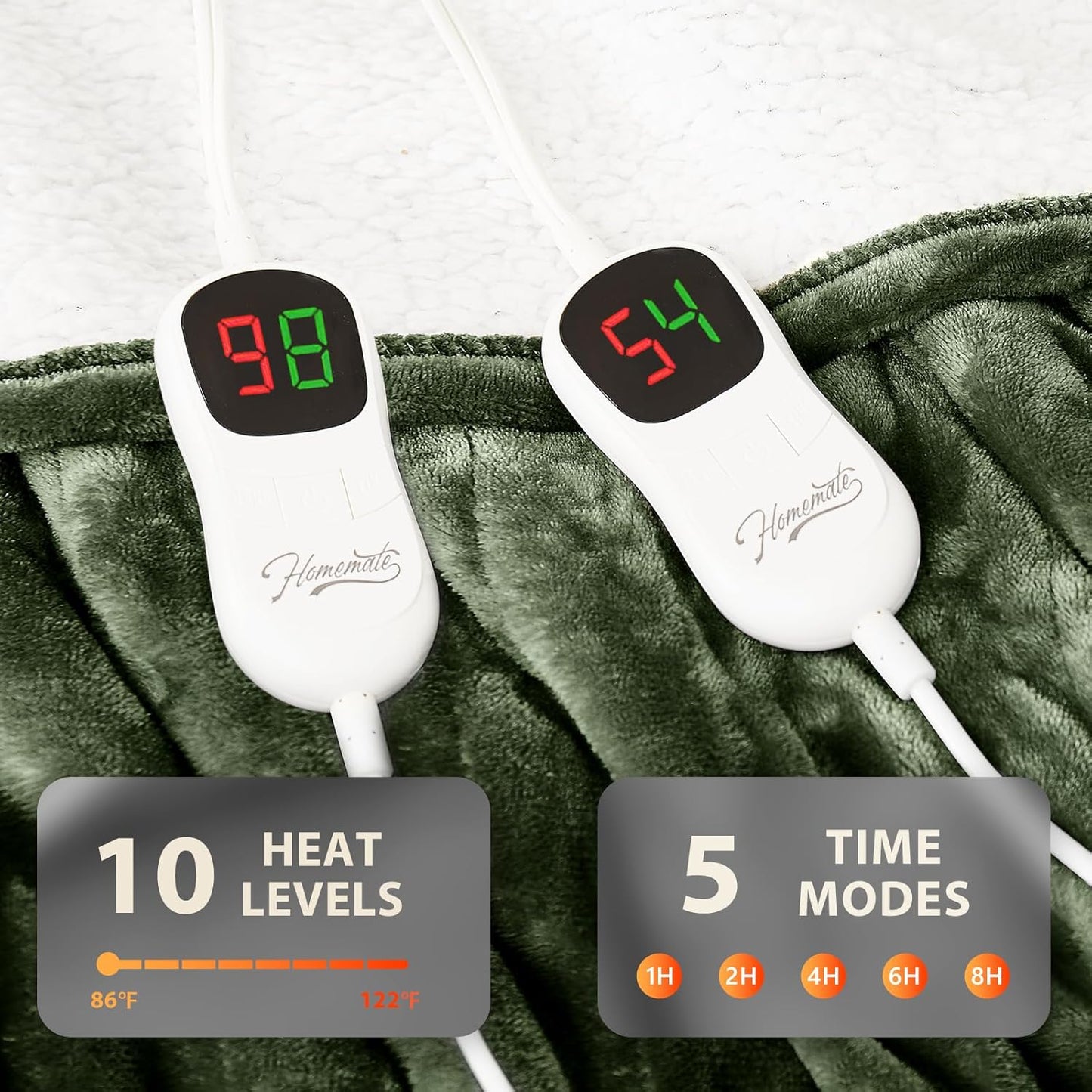 Homemate Electric Heated Blanket King - 100"x90" Heating Bed Blankets Throw with 10 Heating Levels 8 Hours Auto Off Fast Heating Over-Heated Protection Ultra Soft Warm Flannel ETL Certified Green