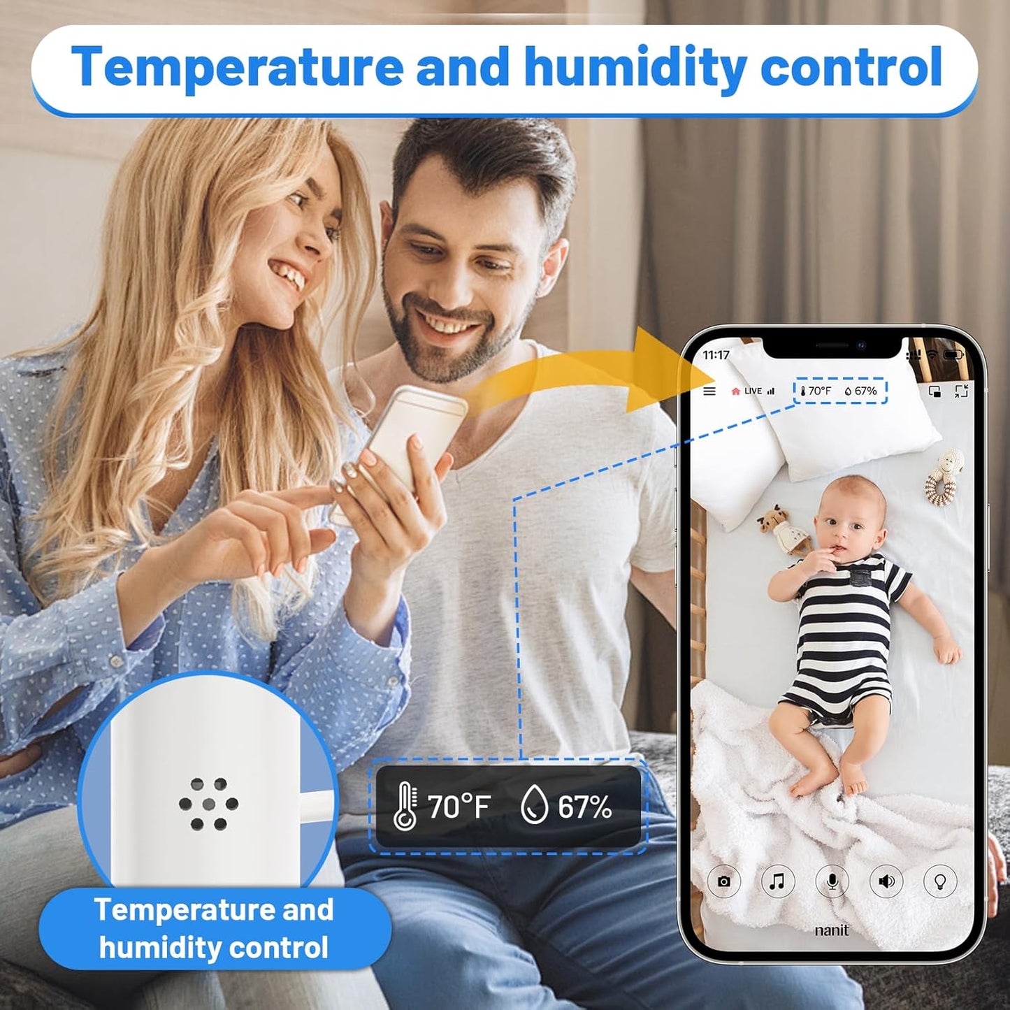 Upgraded Baby Monitor Clip Charger Mount for Nanit Pro/Plus/Original Cameras with Type-C Charging Port Connector Mount Portable Camera Holder for Travel & Crib,Temperature and Humidity Display