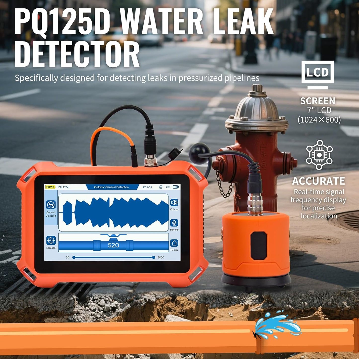 PQWT Underground Water Leak Detectors for Home and Outdoor PQ125D Wall Pipe Water Leakage Detection with Touchscreen Earphone and Carrying Case Multi Sensor Acoustic Pipeline Sound Intensifier
