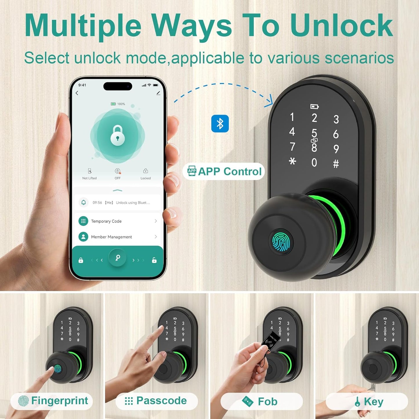 Smart Door Lock Keyless Entry Door Lock with Knob, Keypad Fingerprint Door Lock with Handle, Electronic Digital Code for Front Door, App Remote Control, Easy Installation