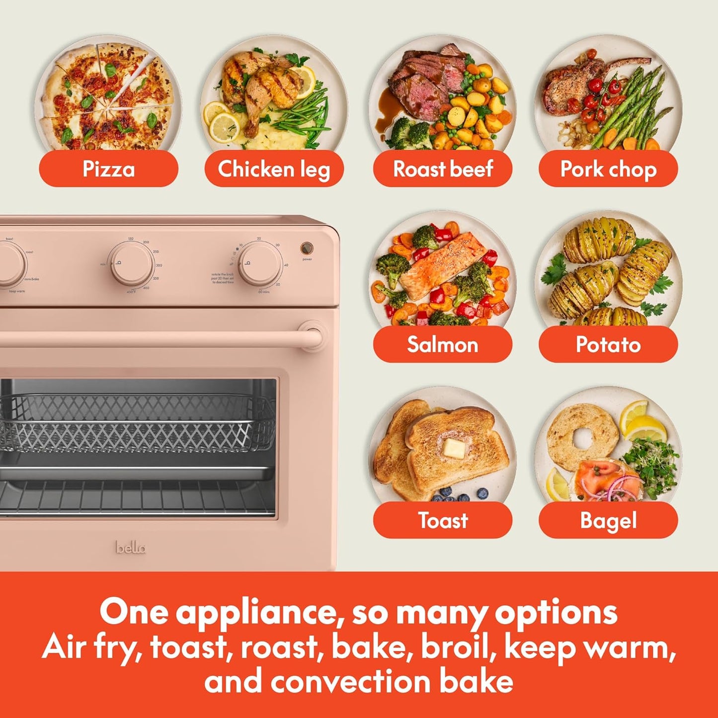 bella Air Fry Toaster Oven, 7 Preset Cooking Options, Dishwasher-Safe EverGood Coated Trays Included, 60-Minute Auto Shutoff w Audible Timer, Power Indicator Light, 1700 Watt, Blossom