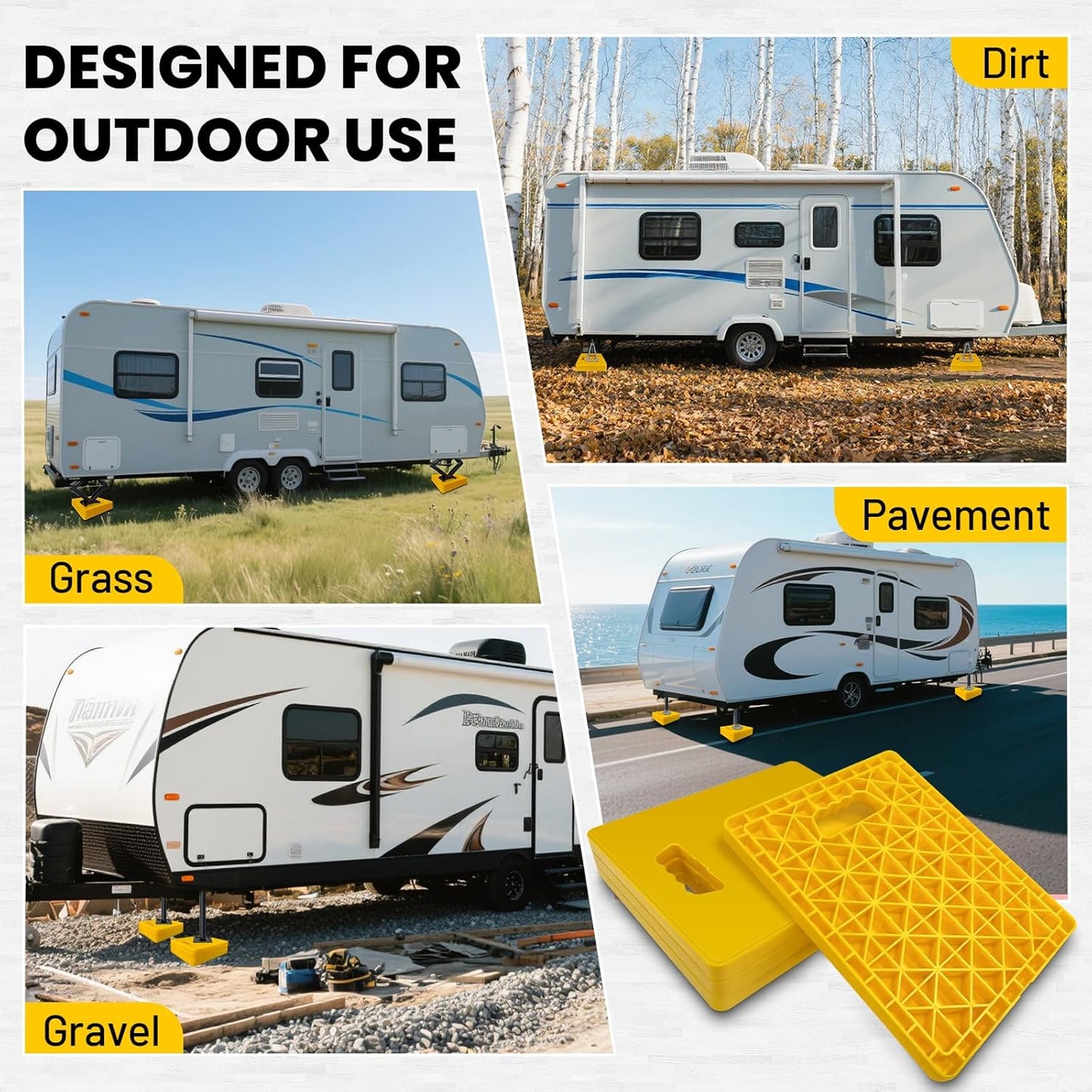 ROBLOCK Large RV Jack Stabilizer Pads,Sinking Resistant Stackable Camper Stabilizer Pads with Easy-Grip Handle and Handy Strap, Easy Storage & Organization, Yellow 4 Pack 14" x 12"