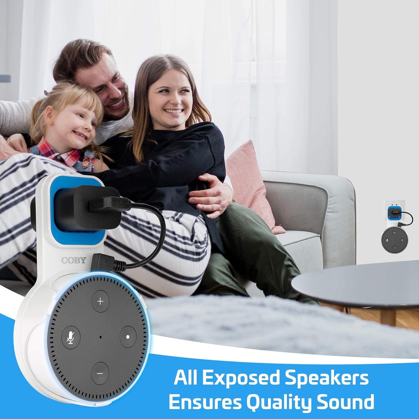 Coby Wall Mount for Echo Dot 2nd Generation, Smart Speaker Holder with Built-in Cable Management, 7.75" USB Charging Cable, Space-Saving Alexa Mount for Kitchen, Bedroom, Office, Bathroom