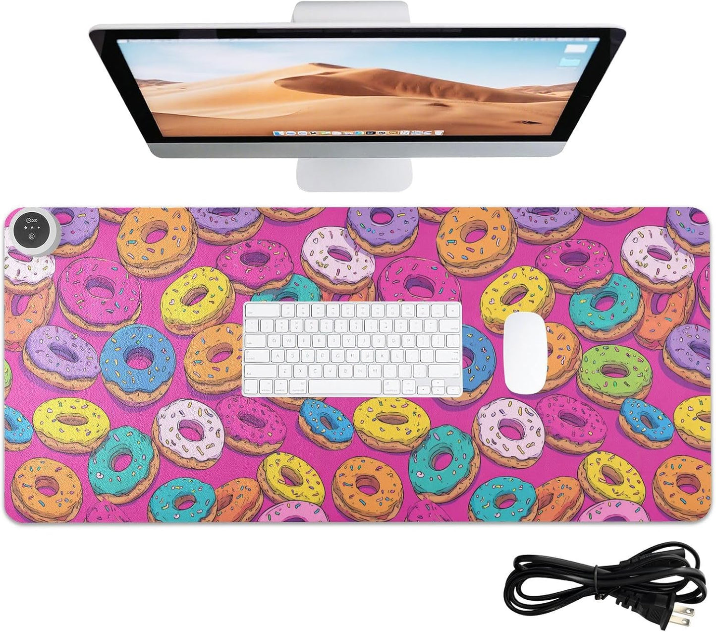 Heated Desk Pad Mouse Pad 31.5x13 Inch PU Leather Desk Mat with 3 Heat Levels Large Mouse Gaming Computer Laptop Mat Cute Donuts Colorful