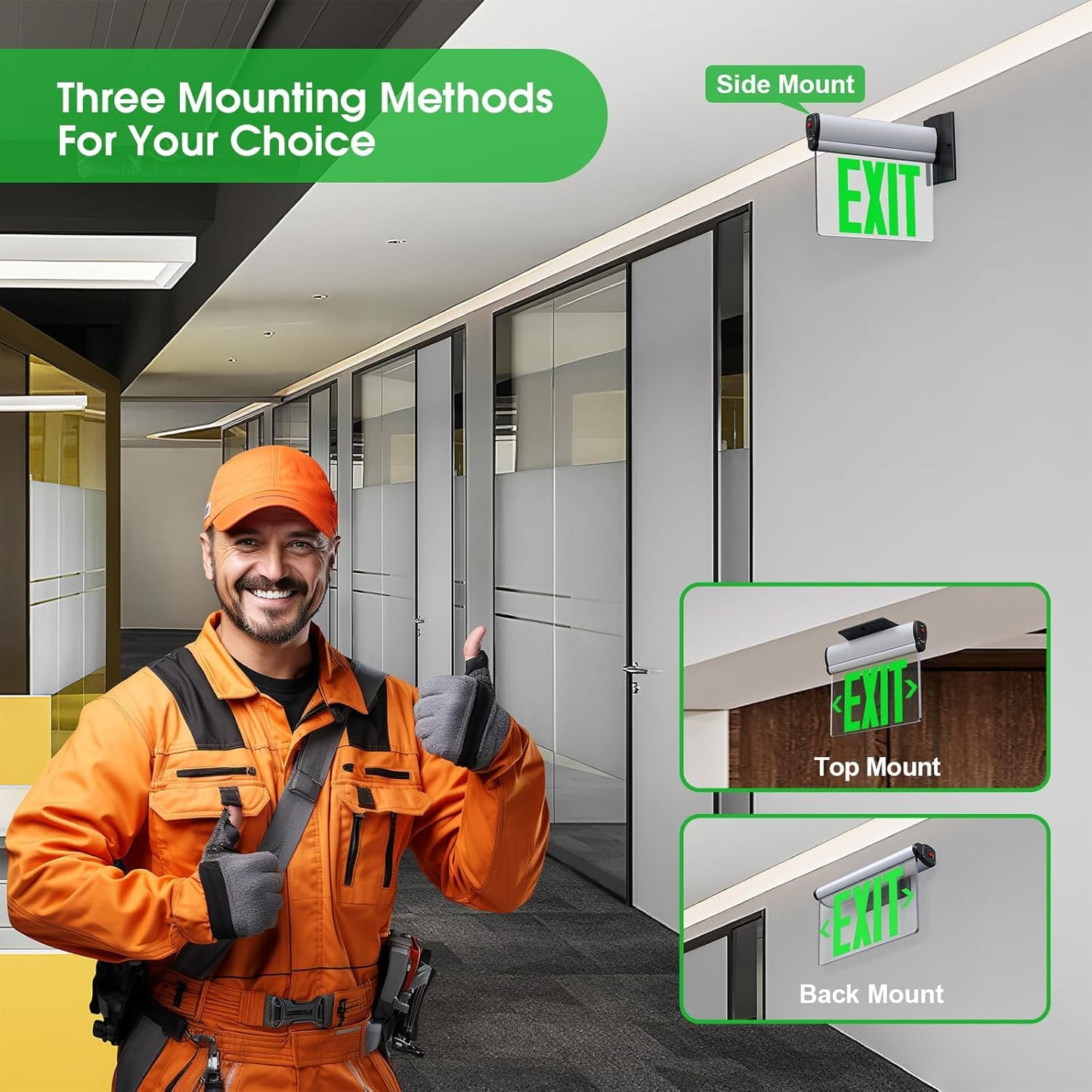 Led Edge-Lit Exit Sign ,Brushed Aluminum Housing Single-Sided Clear Rotating Acrylic Panel,Hardwired Emergency Exit Signs with Battery Backup, 120V-347VAC,Green Led Emergency Exit Light for Business , UL Listed,Top/Side/Wall Mount(1 Pack)