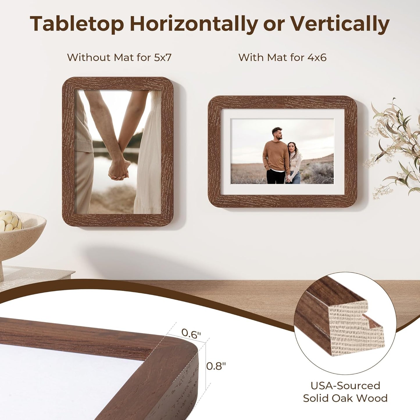 5x7 Picture Frame, 5 by 7 Photo Frame for Wall & Tabletop Display, Solid Oak Wood Frames with Plexiglass, 5x7 Frame Matted to 4x6, Light Wood 5 x 7 Picture Frame for Home Decor, Walnut Color, 1 Pack