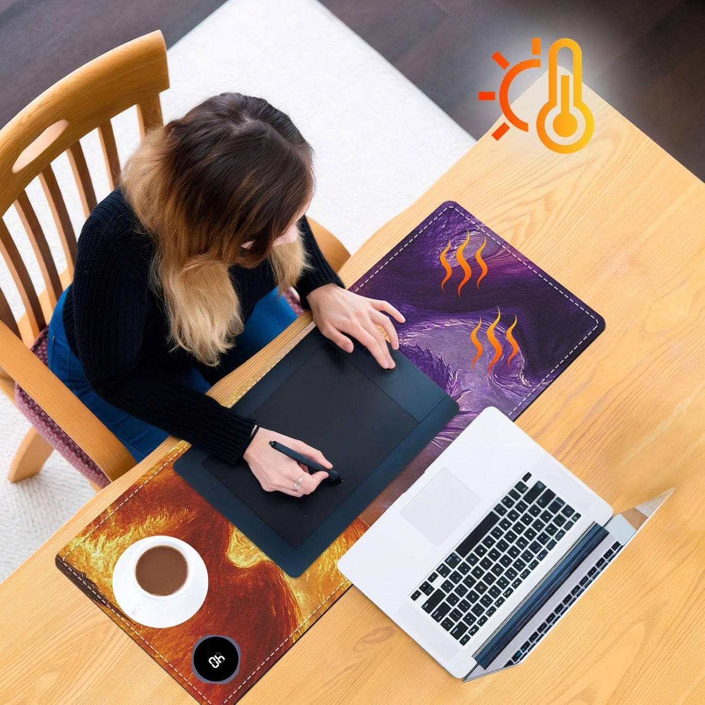 Heated Mouse Pad 31.5x13 in 3-Temp Fast Heating Desk Mat with Auto Timer Warmer for Hands Wrist Pain Relief Waterproof Keyboard Mat for Office, Gaming, Home, Dragon Battle Art