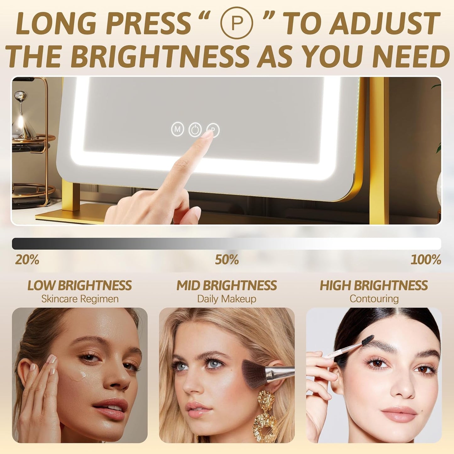 ROLOVE Vanity Mirror with Lights, 18"x22" LED Makeup Mirror with 10X Magnification, Smart Touch 3 Colors Dimmable, Light Up Mirror for Makeup Desk, 360° Rotation, Gold