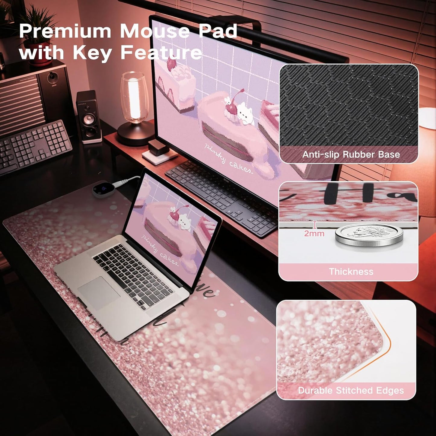 iCasso Heated Mouse Pad Hand Warmer, XXL Heated Desk Pad, Pink Mouse Pad, 35.4" x 15.7" Warm Desk Mat with 4 Heating Levels for Computer Keyboard, Large Mousepad for Home Office Work