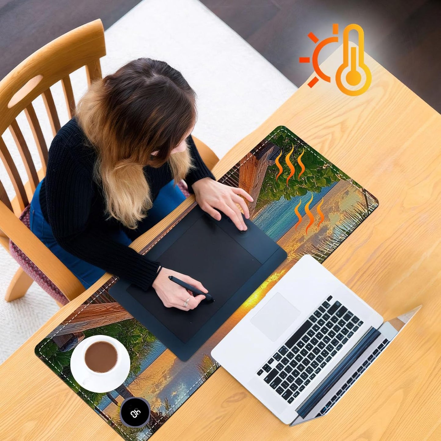 Heated Mouse Pad 31.5x13 in 3-Temp Fast Heating Desk Mat with Auto Timer Warmer for Hands Wrist Pain Relief Waterproof Keyboard Mat for Office, Gaming, Home, Sunset Beach Pathway