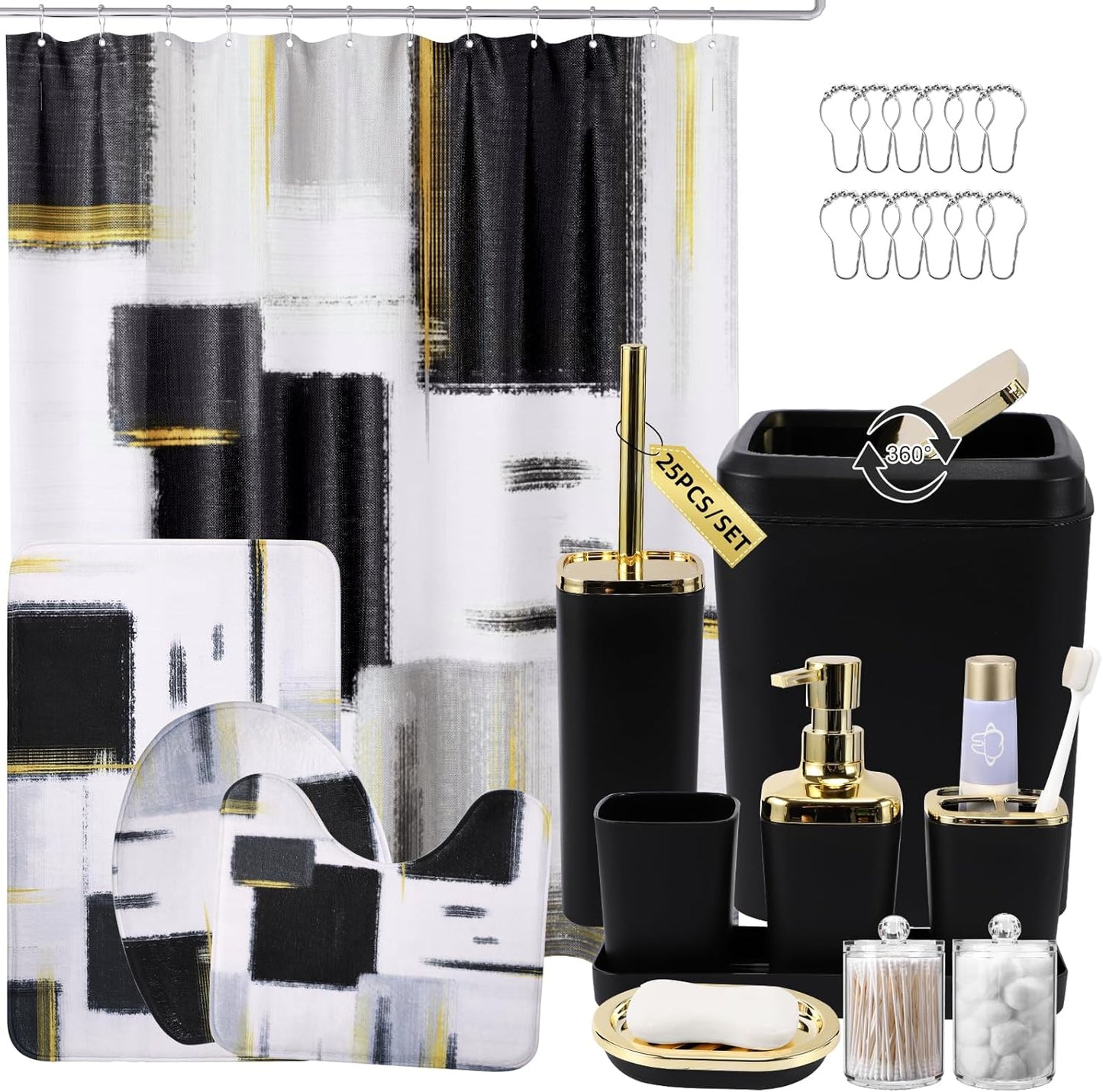 Bathroom Set - Black Bathroom Accessories Set, Bathroom Sets with Shower Curtain and Rugs, Black Shower Curtain Set with Bathroom Trash Can, Soap Dispenser, Soap Dish for Home Decor