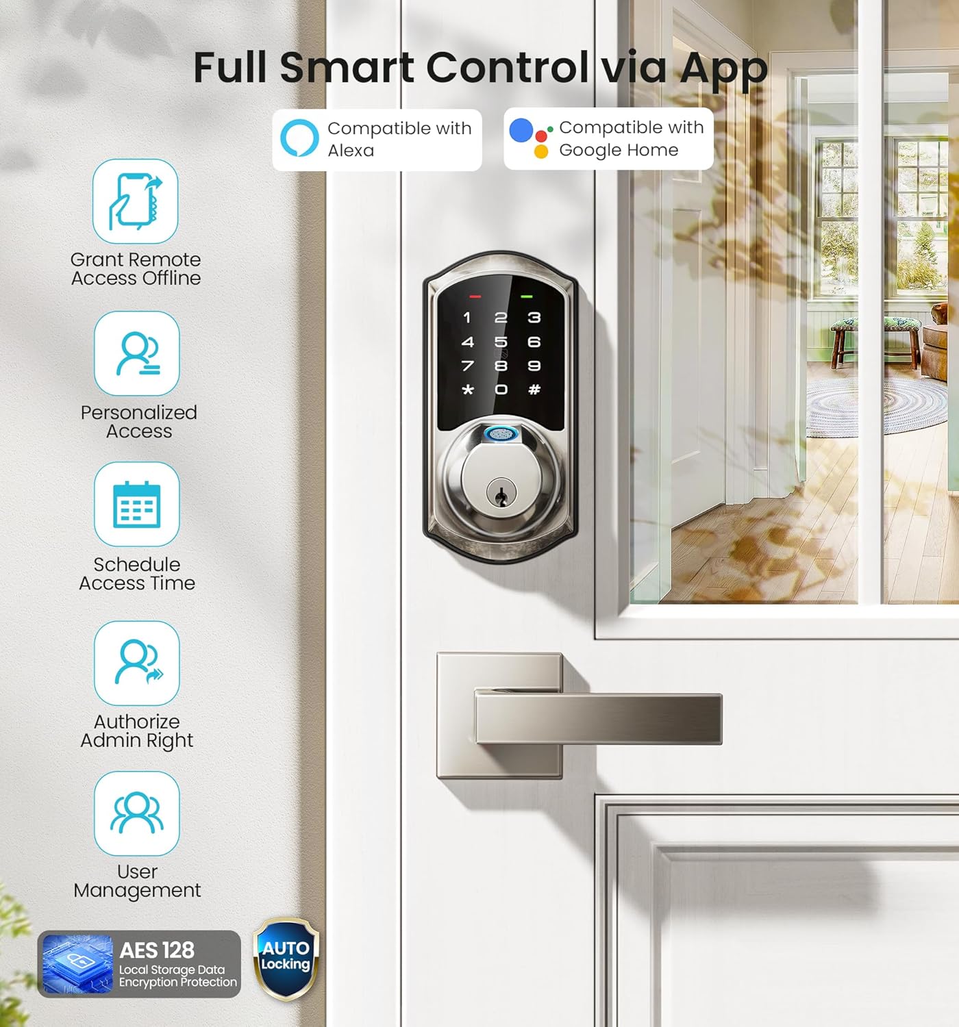 Veise VE07-L Fingerprint Smart Locks for Front Door with Zinc Alloy Handle Set, App Control, Keyless Entry, Electronic Digital Keypad Deadbolt, Auto Lock, Waterproof, Easy to Install, Satin Nickel