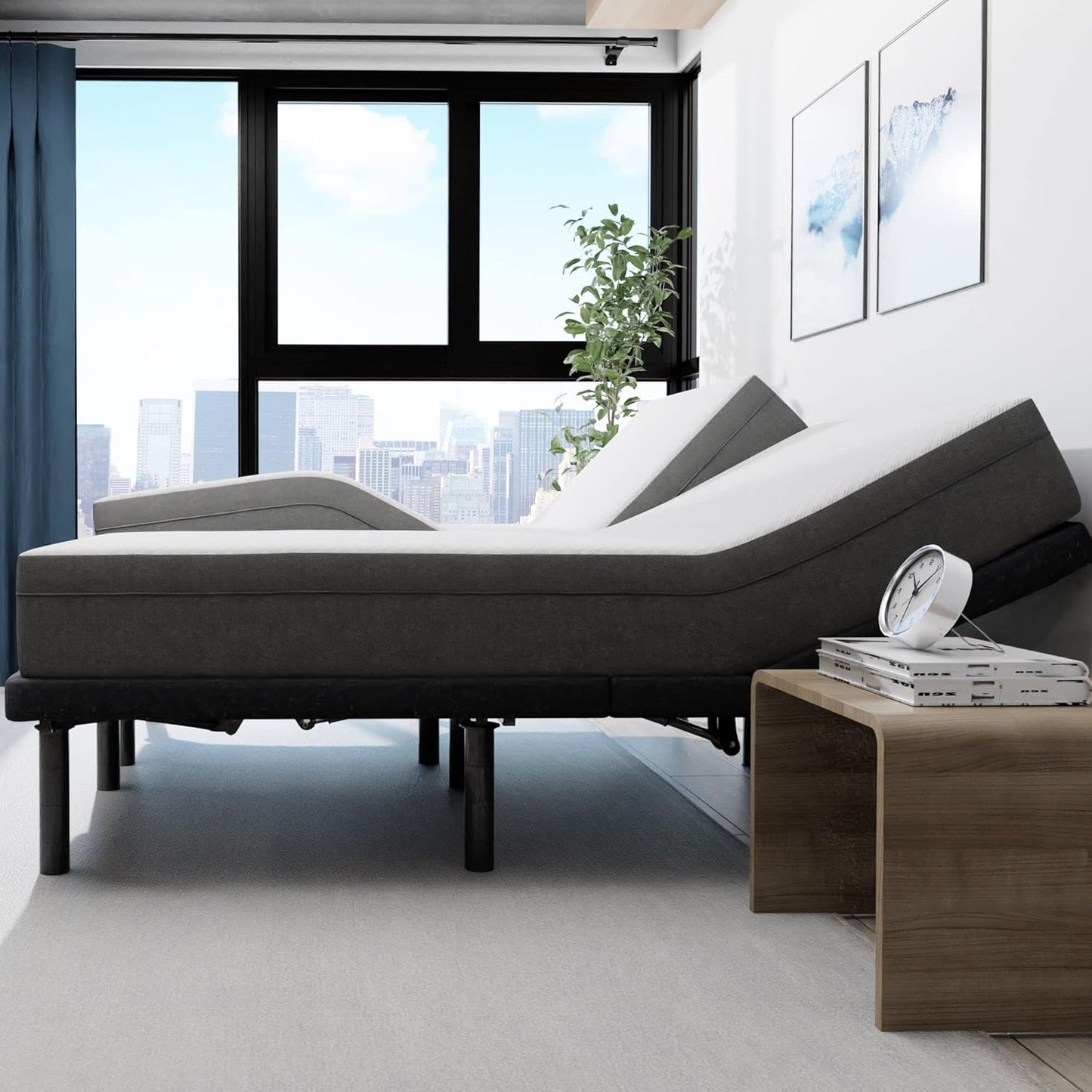 Blissful Nights e4 Split King Adjustable Bed Base Frame with 10" Medium Firm Gel Infused Memory Foam Mattress
