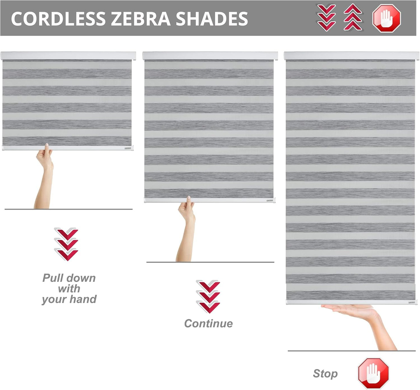 Shadesu Cordless Zebra Blinds for Windows, 21.5" W x 72" H, Grey, Dual Layer Free-Stop Zebra Shades, Light Control for Day and Night, Sheer Blinds for Indoor Windows, Bedroom, Kitchen