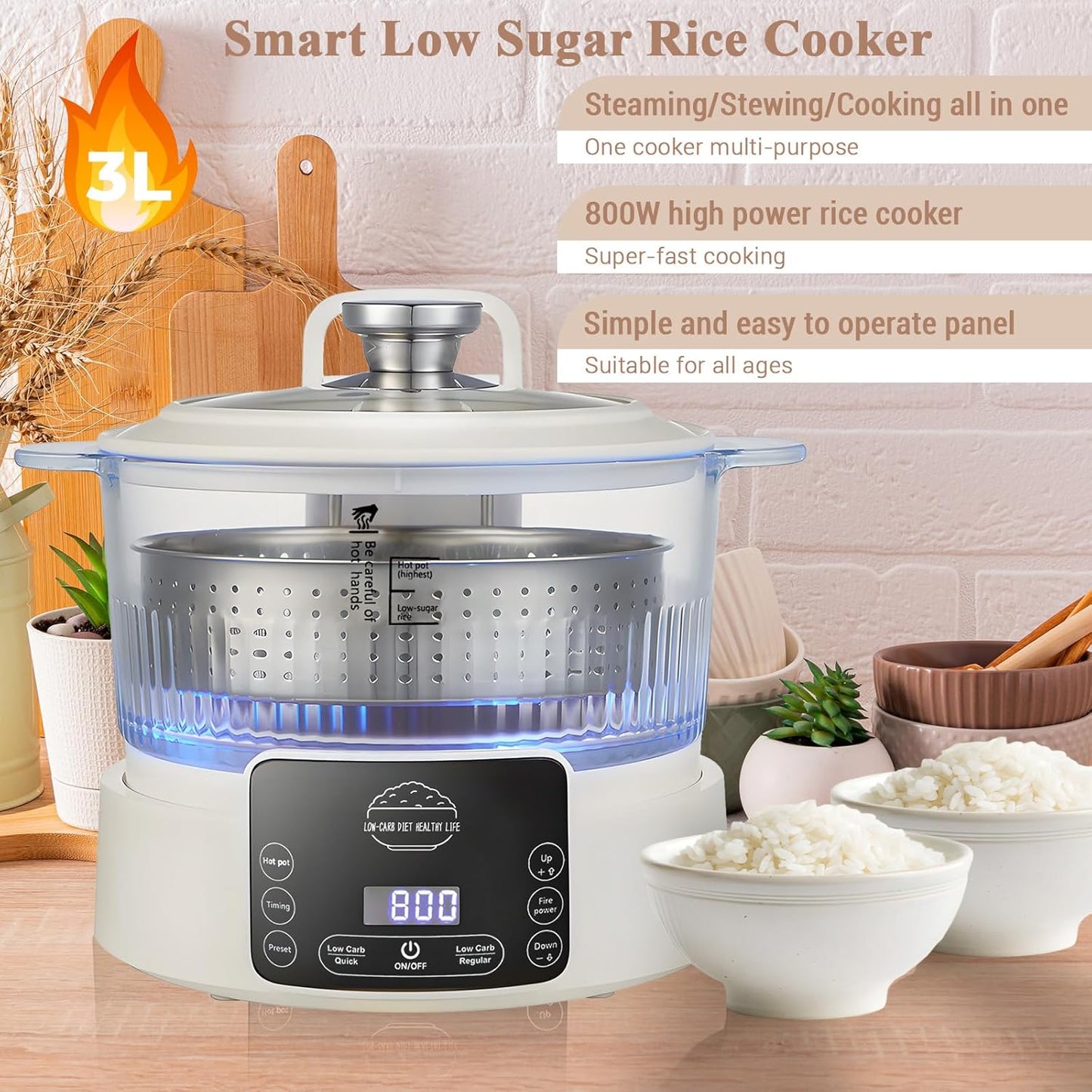 Low Carb Rice Cooker,3L Multifunction Smart Rice Cooker - 4H Keep Warm,Digital Display,Timer & Reservation Function,Suitable for Cooking,Simmering,Stewing,and Steaming(3L,Beige)