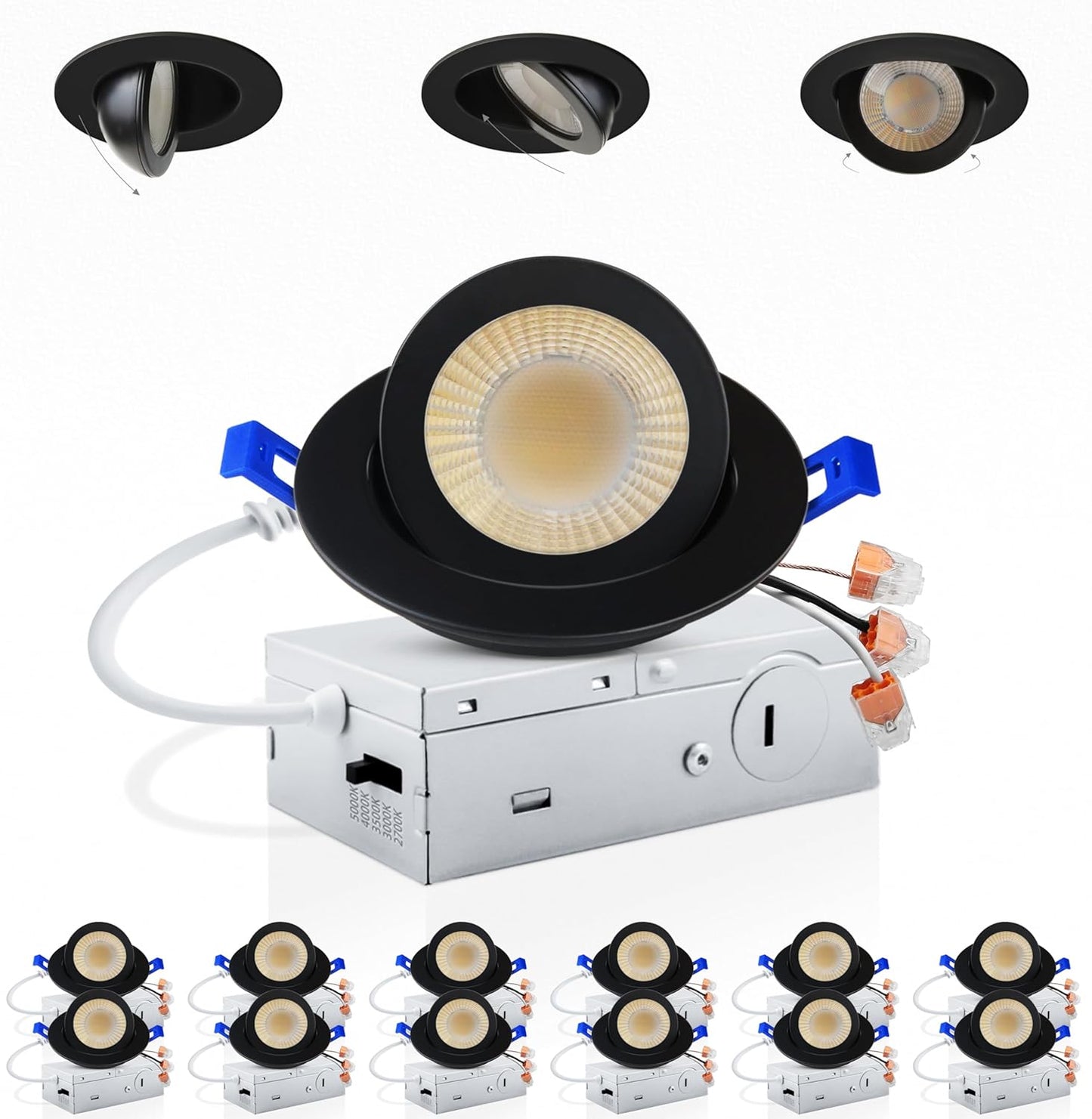 Adetu 3 Inch Gimbal Balck Led Recessed Lighting, 360°+90° Adjustable Directional Led Recessed Lights, 2700K/3000K/3500K/4000K/5000K Dimmable Retrofit Eyeball Can Lights with Jbox,ETL (Black, 12 Pack)