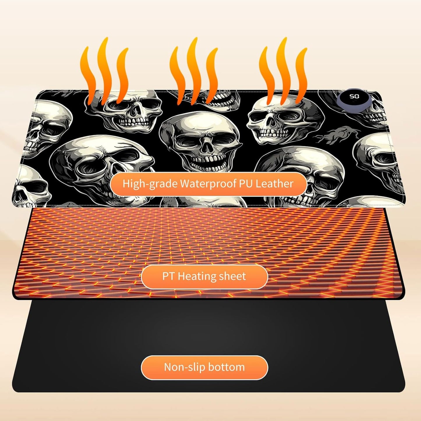 Small Heated Desk Pad 23.6" x 14.2" – Compact Electric Mouse Pad with 3 Heating Levels, Auto Shut-Off, Waterproof PU Surface, Plug-in Warmer for Office or Home Use, Skull Pattern