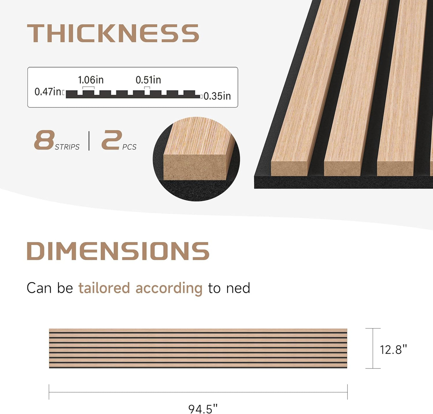 Wood Slat Wall Panels, 2 Pack 8 x 1 ft Decorative Wood Panels for Wall,Stylish Wall Panels for Interior Wall Decor, Modern Acoustic Wood Wall Panels with Felt Backing, Oak
