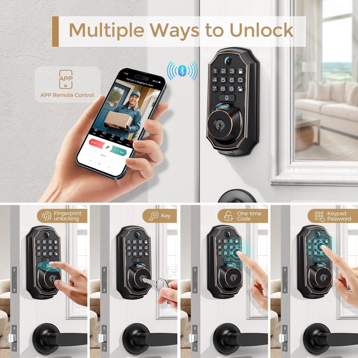 WiFi Video Smart Lock with Camera & Doorbell - 5-in-1 Keyless Entry, Fingerprint, Keypad, App Control, Two-Way Audio, Auto Lock, Waterproof, Easy Installation