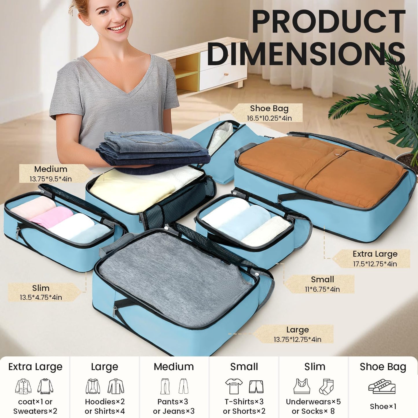 BAGAIL 4 Set/6 Set/8 Set Compression Packing Cubes Travel Accessories Expandable Packing Organizers (Half Mesh, 6-Dusty Blue)