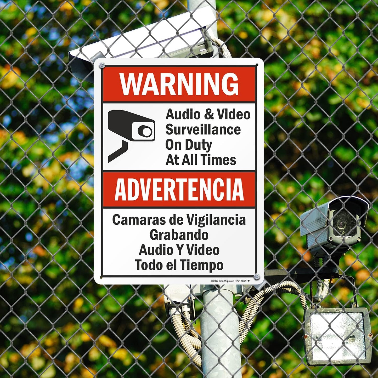 SmartSign 24 x 18 inch “Warning - Audio & Video Surveillance On Duty At All Times” Bilingual Sign, Digitally Printed, 55 mil HDPE Plastic, Red, Black and White, Made in USA