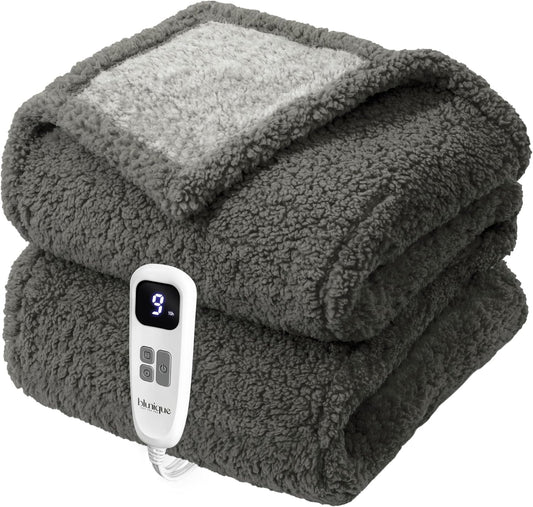 Heated Blanket Electric Blanket Twin - Fast Heating Blanket Throw Double Sided Sherpa Ultra Soft Cozy with 10 Heating Levels & 2-10 Hours Auto Off, Mashine Washable, 62 x 84 Inches, Grey Twin