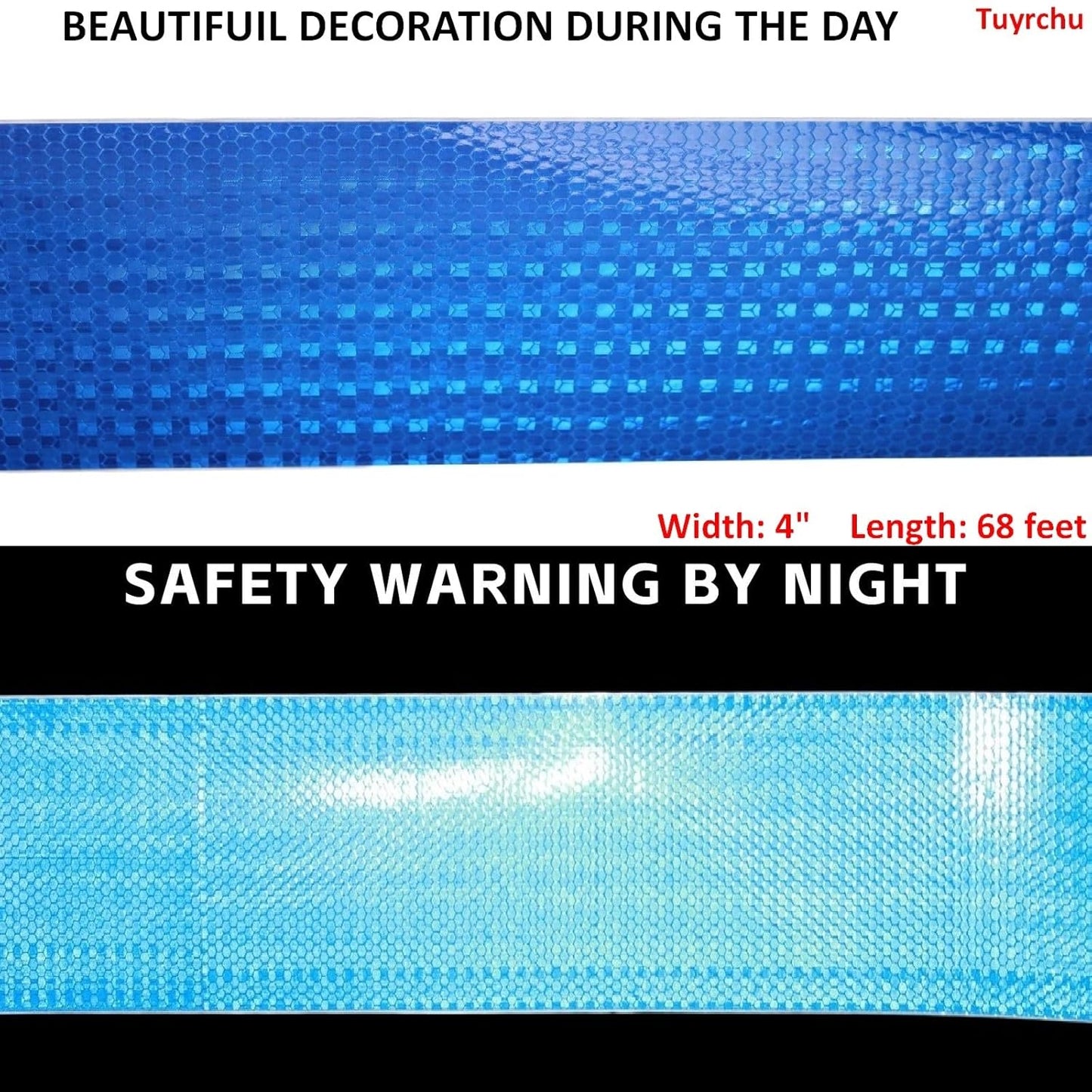 Blue Reflective Tape Outdoor Waterproof 4 inch Wide, High Visibility Warning Safety Industrial Marking Tape (68 feet)