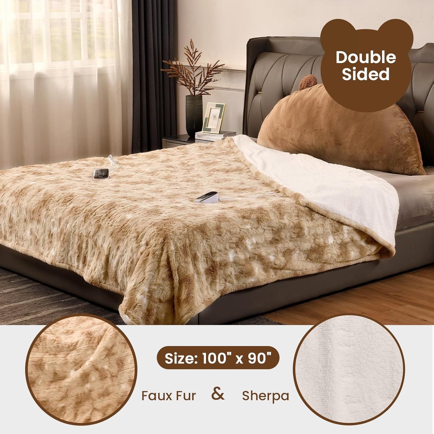 Bearhug Electric Blanket King Size 100" x 90", Dual Controller Heated Blanket, Faux Fur/Sherpa 10-Heating Level & 1-12H Auto Off, Champagne, Over-Heat Protect, ETL, Machine Washable