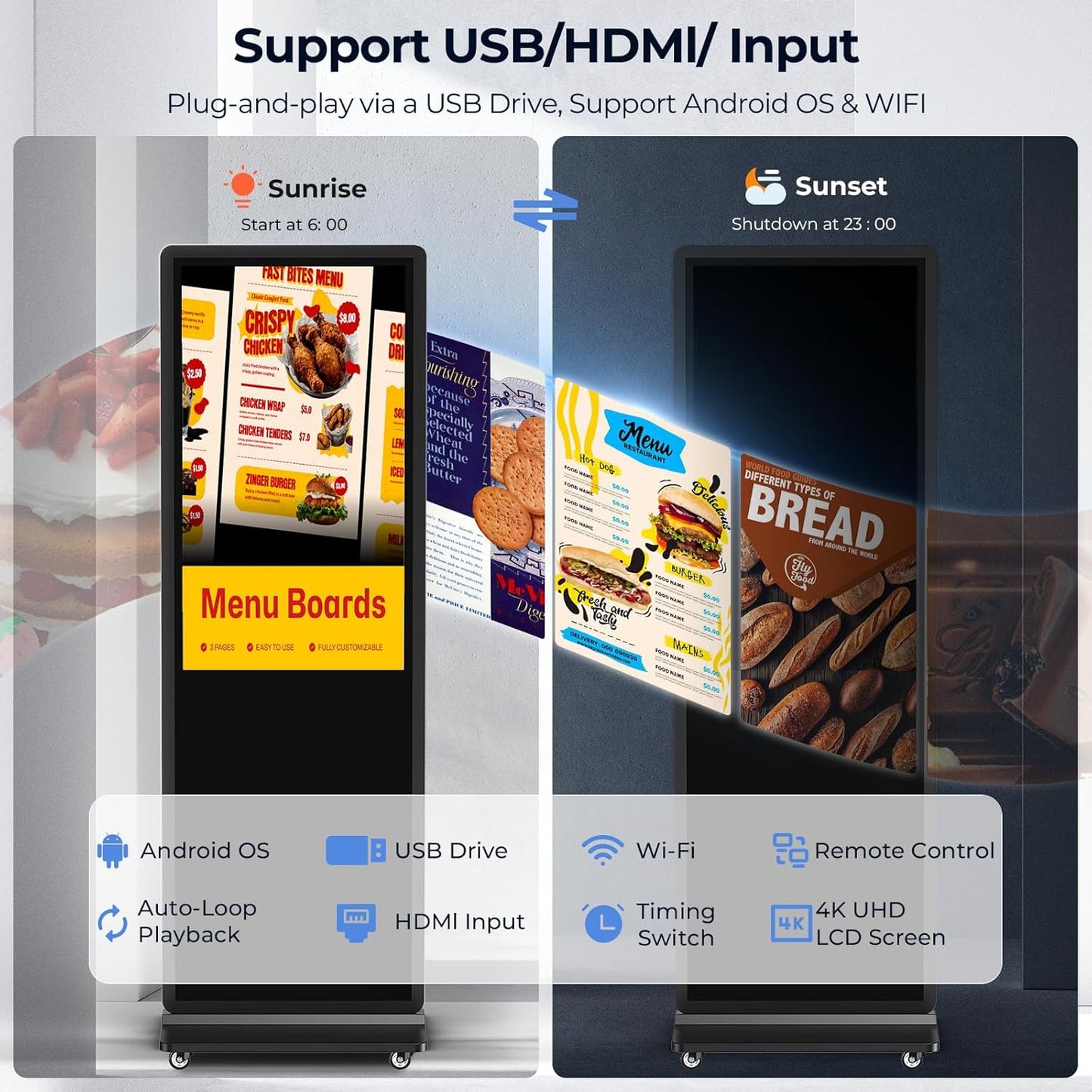 32/43/55/65 Inch Digital Signage Display, LCD Screen Advertising Display Kiosk Interactive Totem Floor Standing Auto AD Player with USB/HDMI/WiFi Android OS (43'' Touch Screen)
