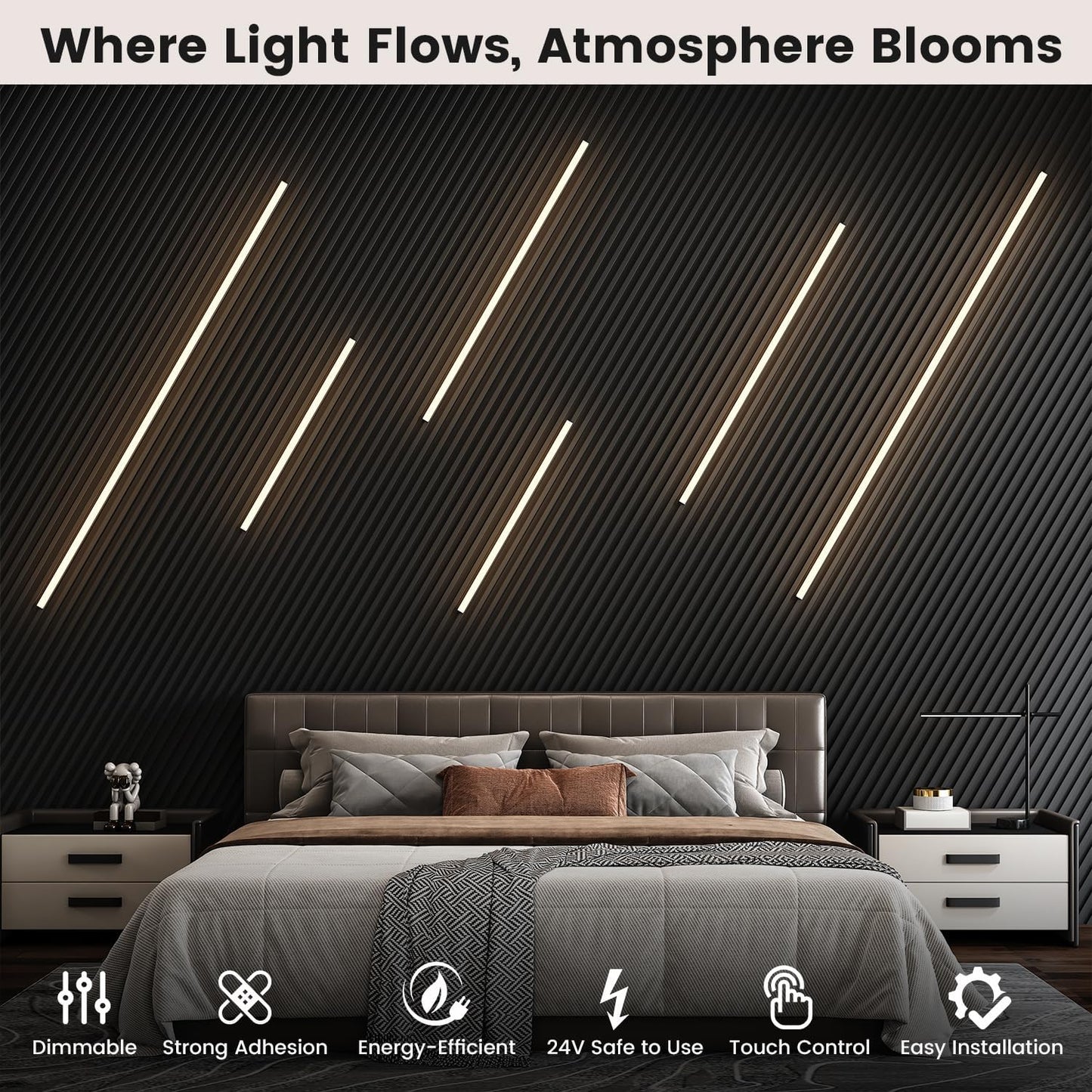 Slat Wall Lights - GloryAir 6pcs Black Adhesive Wall Panel Lights for Interior Wall Decor, Warm White 3000K Touchable Switch LED Lamp for Wood Slat Acoustic Panels, Headboard, Stairway, Home Decor