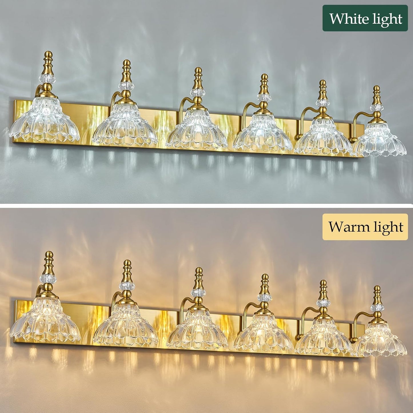 Vintage Bathroom Vanity Light, 6-Light Gold Vanity Lighting Fixture with Flower Glass Shade, Bathroom Lighting Fixtures Over Mirror