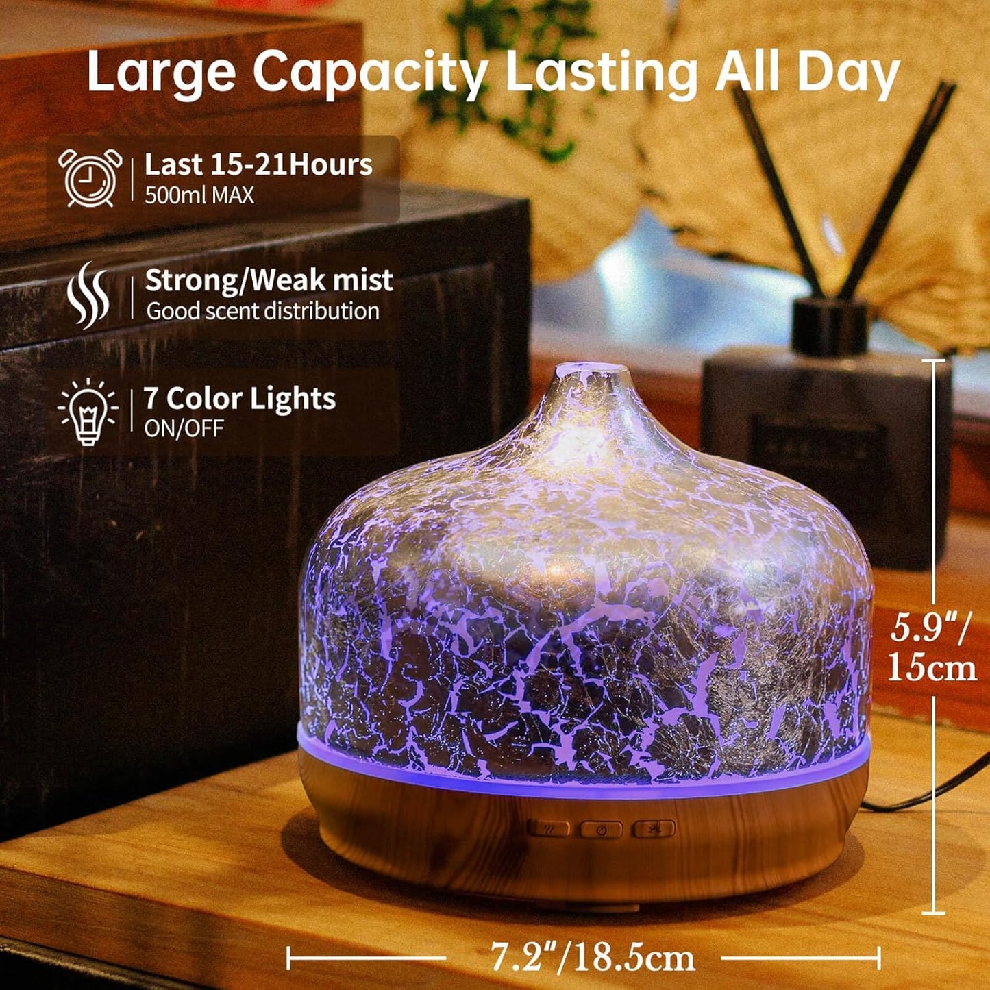 Porseme 500ml Essential Oil Diffuser Silver Plated Glass Aromatherapy Ultrasonic Humidifier - Auto Shut-Off, BPA Free for Home Hotel Yoga SPA Gift