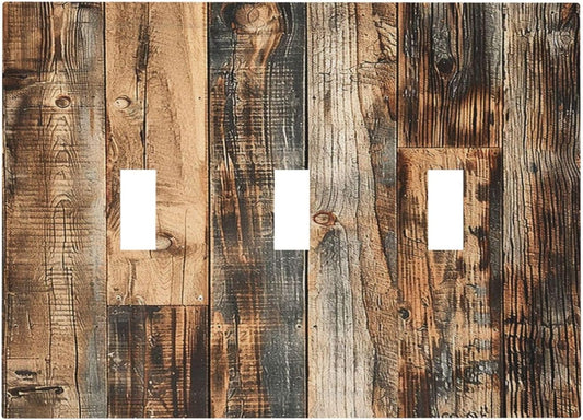 Decorative Switch Plates Rustic Brown Wood Pattern Splice Plank 3 Gang Wall Plate Triple Toggle Light Switch Cover Faceplate Electrical Wall Panels For Farmhouse Cabin Decor