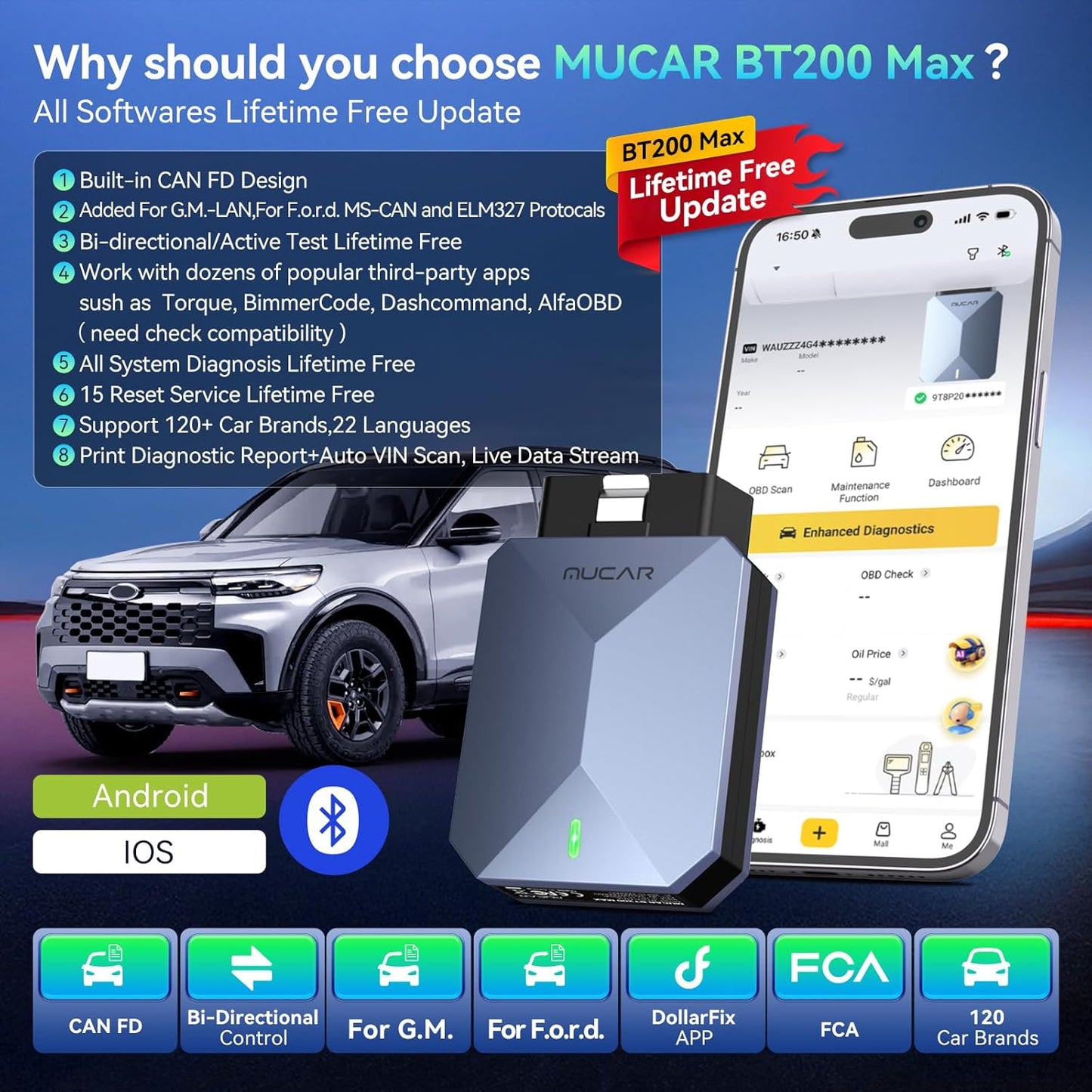 MUCAR AI-Assisted OBD2 Scanner Bluetooth Lifetime Update Sup ELM327, BT200 MAX OBD2 Diagnostic Tool All System Diagnostic Tool with 15 Resets for iOS & Android, CANFD Protocol, Autoauth for FCA SGW