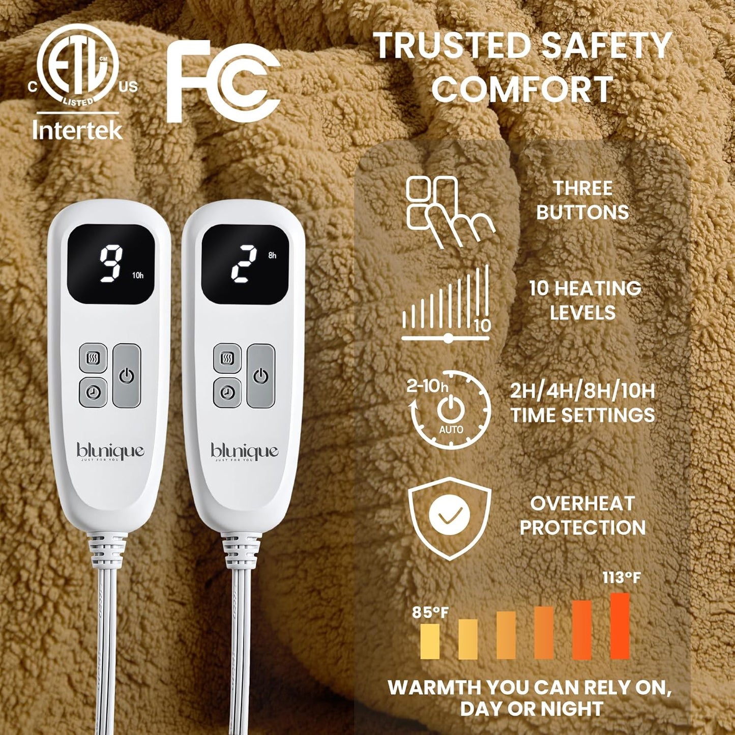 Heated Blanket Electric Blanket King - Fast Heating Blanket Throw Dual Control Double Sided Sherpa with 10 Heating Levels & 2-10 Hours Auto Off, Mashine Washable, 90 x 100 Inches, Camel