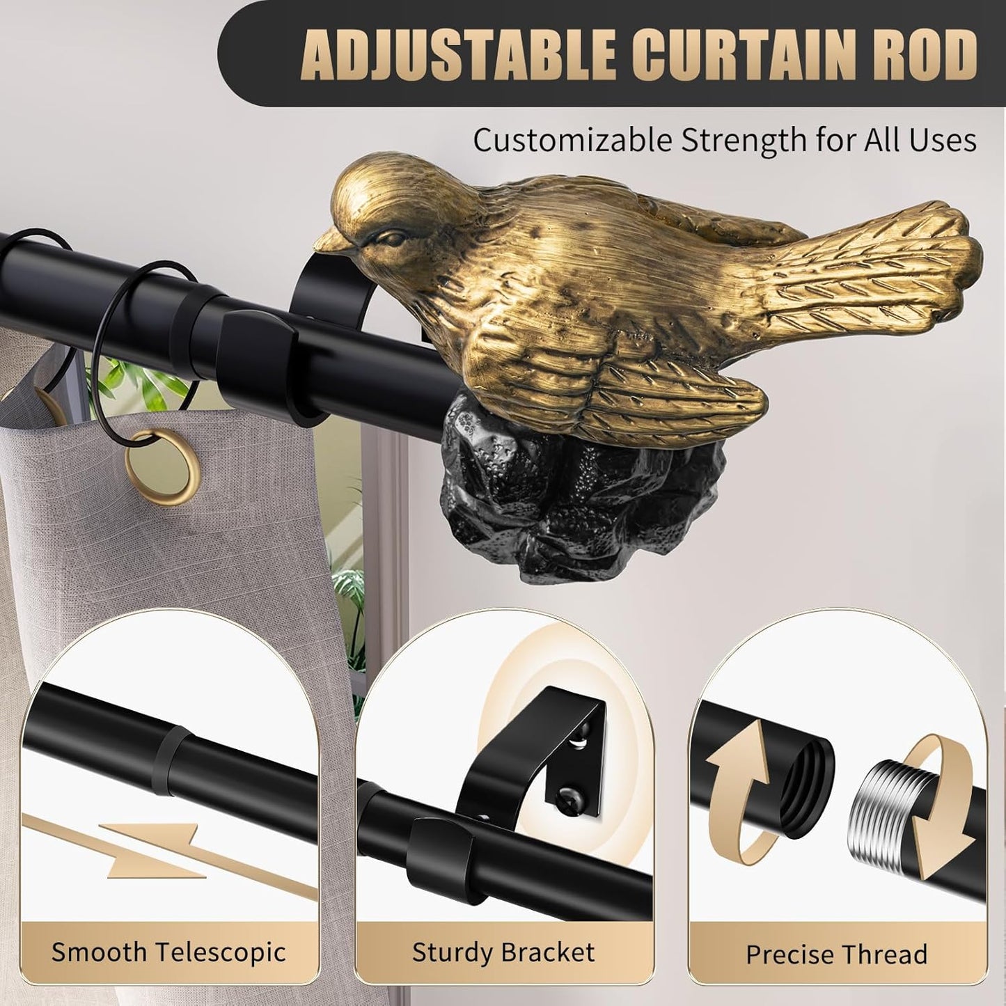 Vintage Gold Curtain Rod 36 to 72 Inches Curtain Rods for Windows Adjustable Heavy Duty Drapery Rod with Bird Finials for Living Room Bedroom