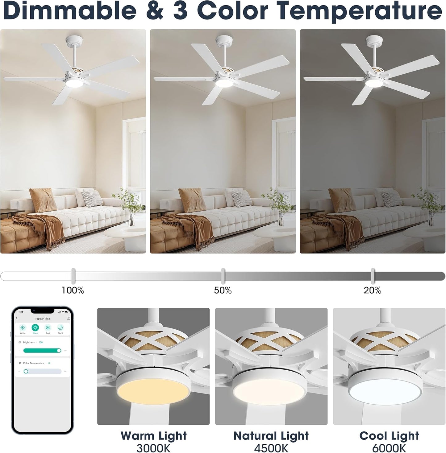 WINGBO 52" Smart Ceiling Fan with Lights, White/Oak Blades, 6 Speeds Reversible DC Motor, Works with Alexa and Google Assistant, 3CCT Dimmable LED Ceiling Fan for Bedroom Living Room, White Finish