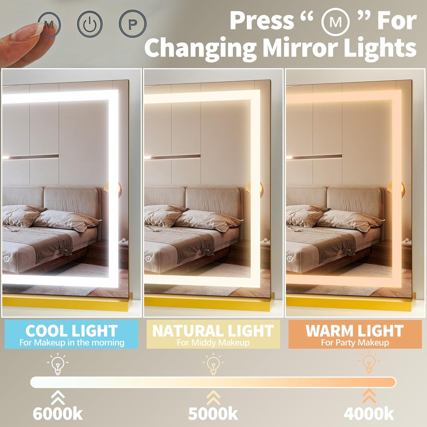 FENNIO 23" x 18" Vanity Mirror with Lights，LED Makeup Mirror，Hollywood Mirror with 3 Color Modes & Adjustable Brightness，Vanity Mirror Square Gold