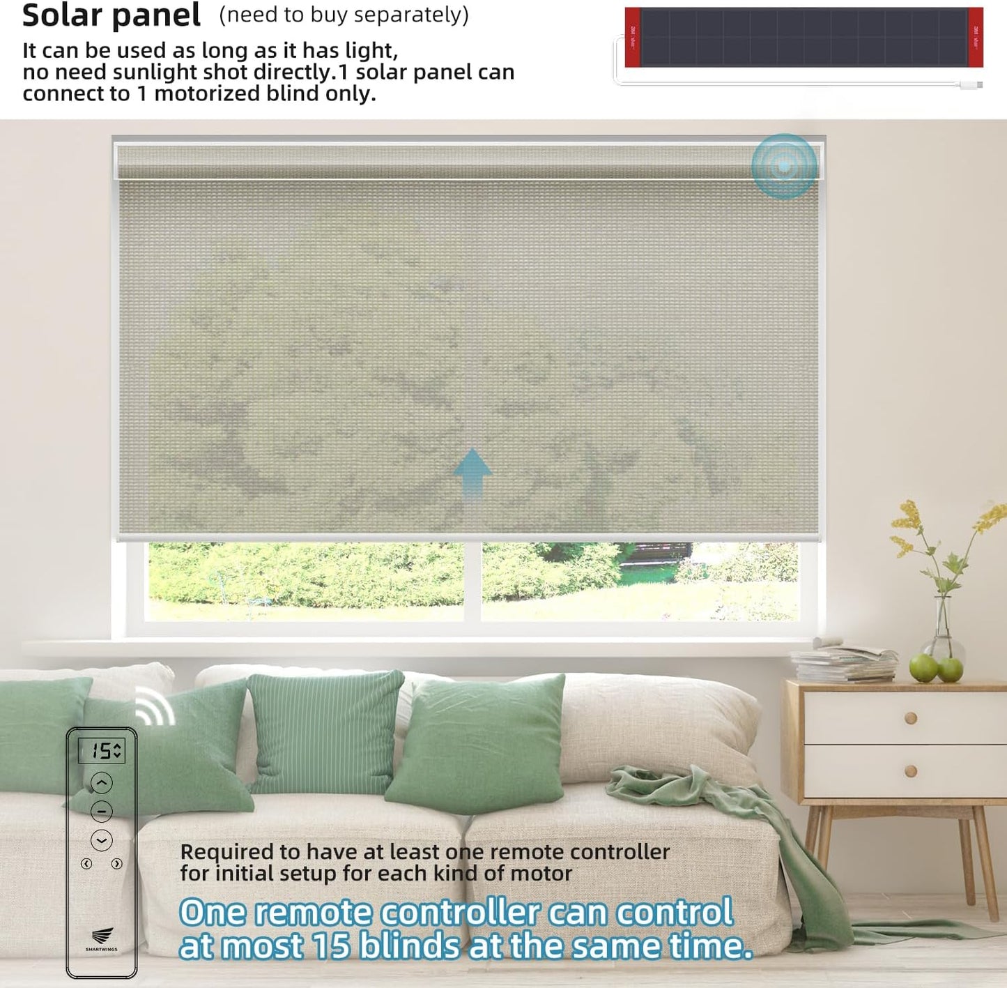 SmartWings Motorized Roller Shade, 50% Light Filtering Smart Window Blinds Semi-Blackout PVC Free Work with Apple Homekit Alexa Matter Z-Wave Zigbee Google Home, Remote Control Electric Blind, Stone