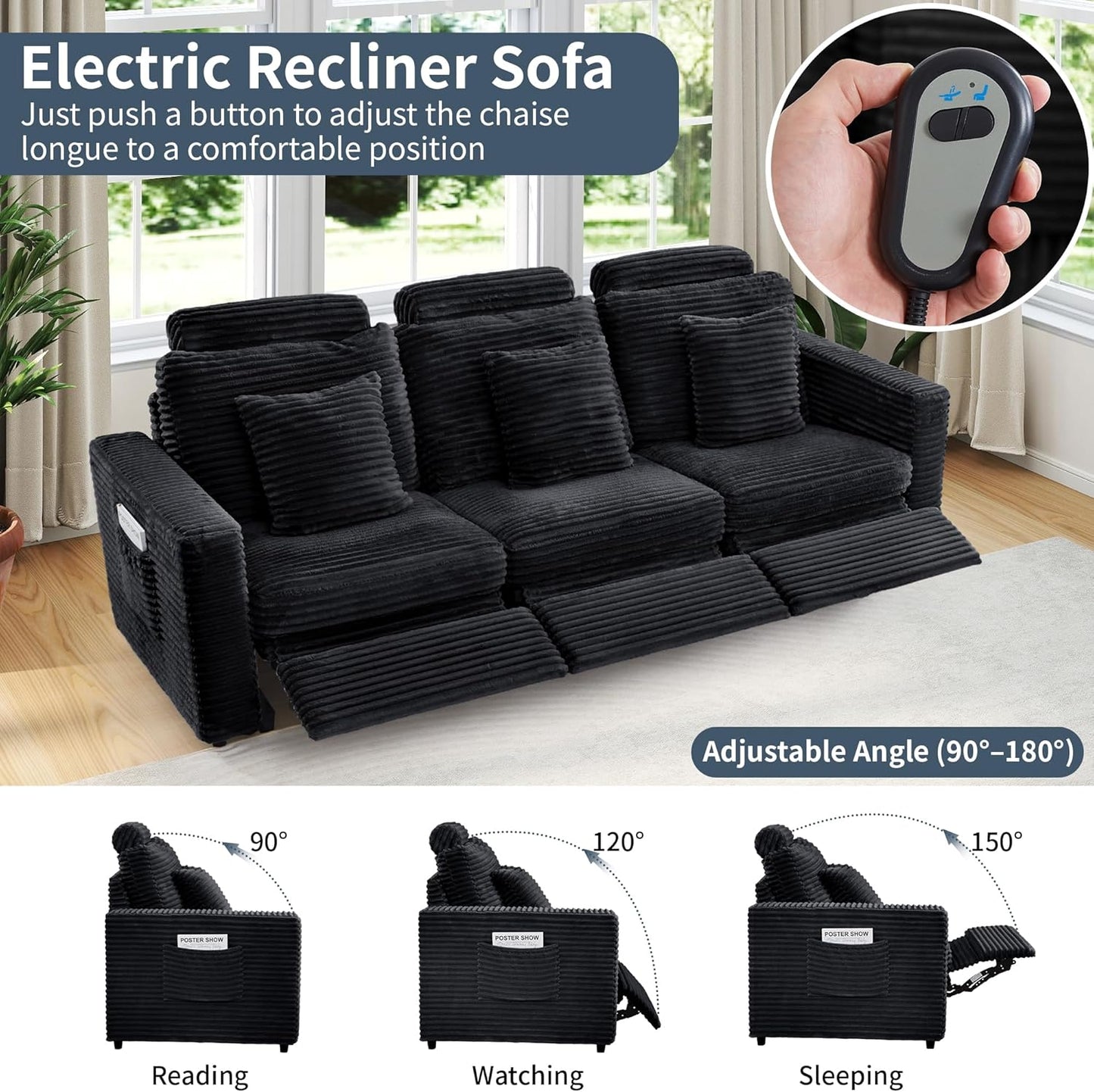 LEVNARY 3-Seater Modular Reclining Sofa, Faux Rabbit Fur Power Recliner Couch with 3 Electric Seats, 3 Pillows & Side Pockets, Adjustable Back & Footrest, Living Room Furniture (Black)