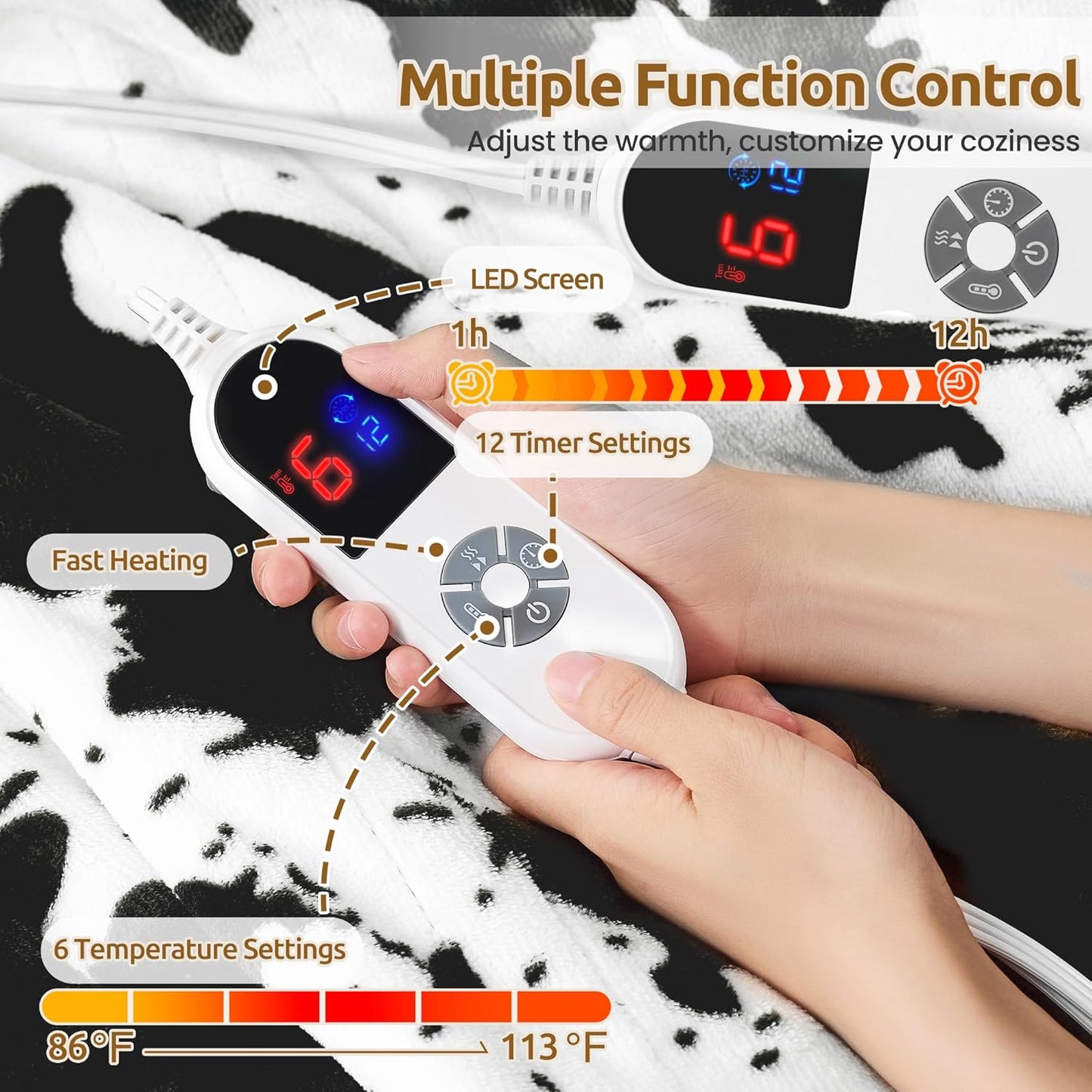 Electric Blanket Queen Size, Dual Control Heated Blanket with 6 Heat Settings, 1-12H Timer, Soft Sherpa & Flannel, Machine Washable, Black Cow Print, 84" x 90"