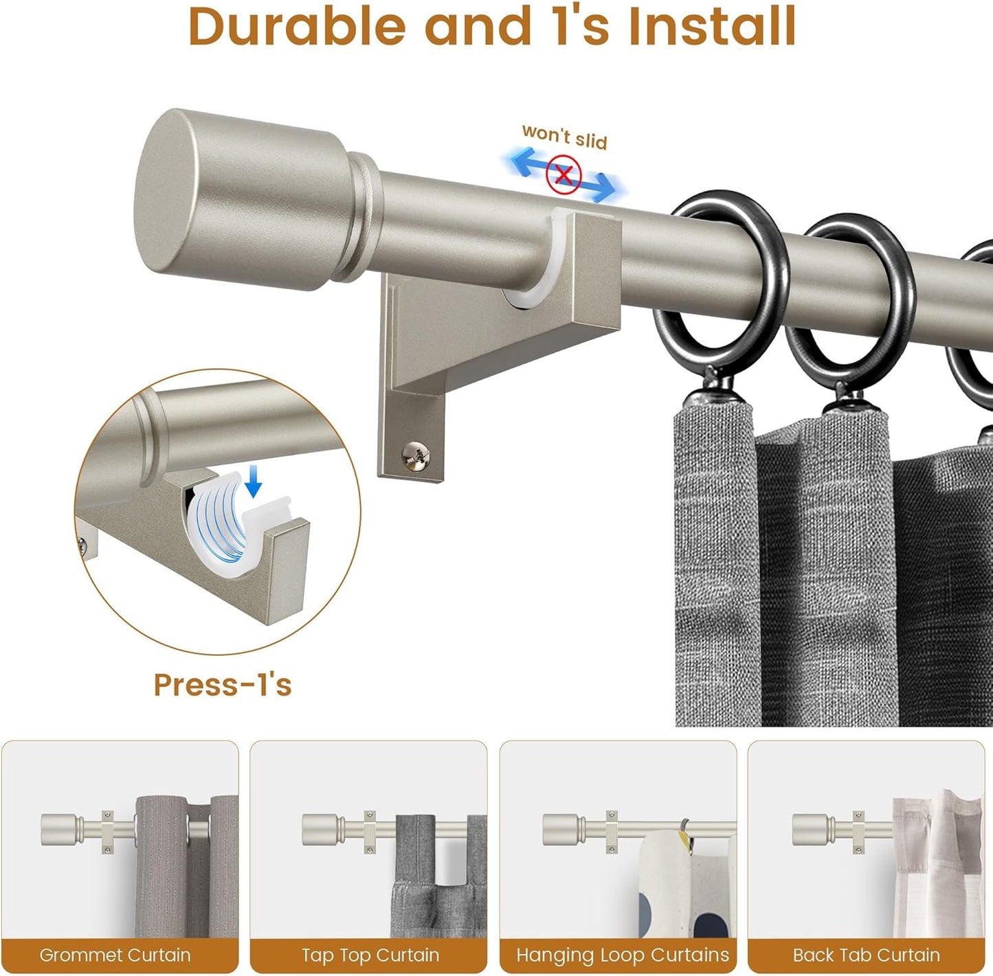 Nickel Aluminium Curtain Rods for Windows,1 Inch Adjustable Curtain Rod 48 to 84 Inch,Heavy Duty Drapery Rods with Thicken Bracket,Modern Single Rod with Aluminium Finials
