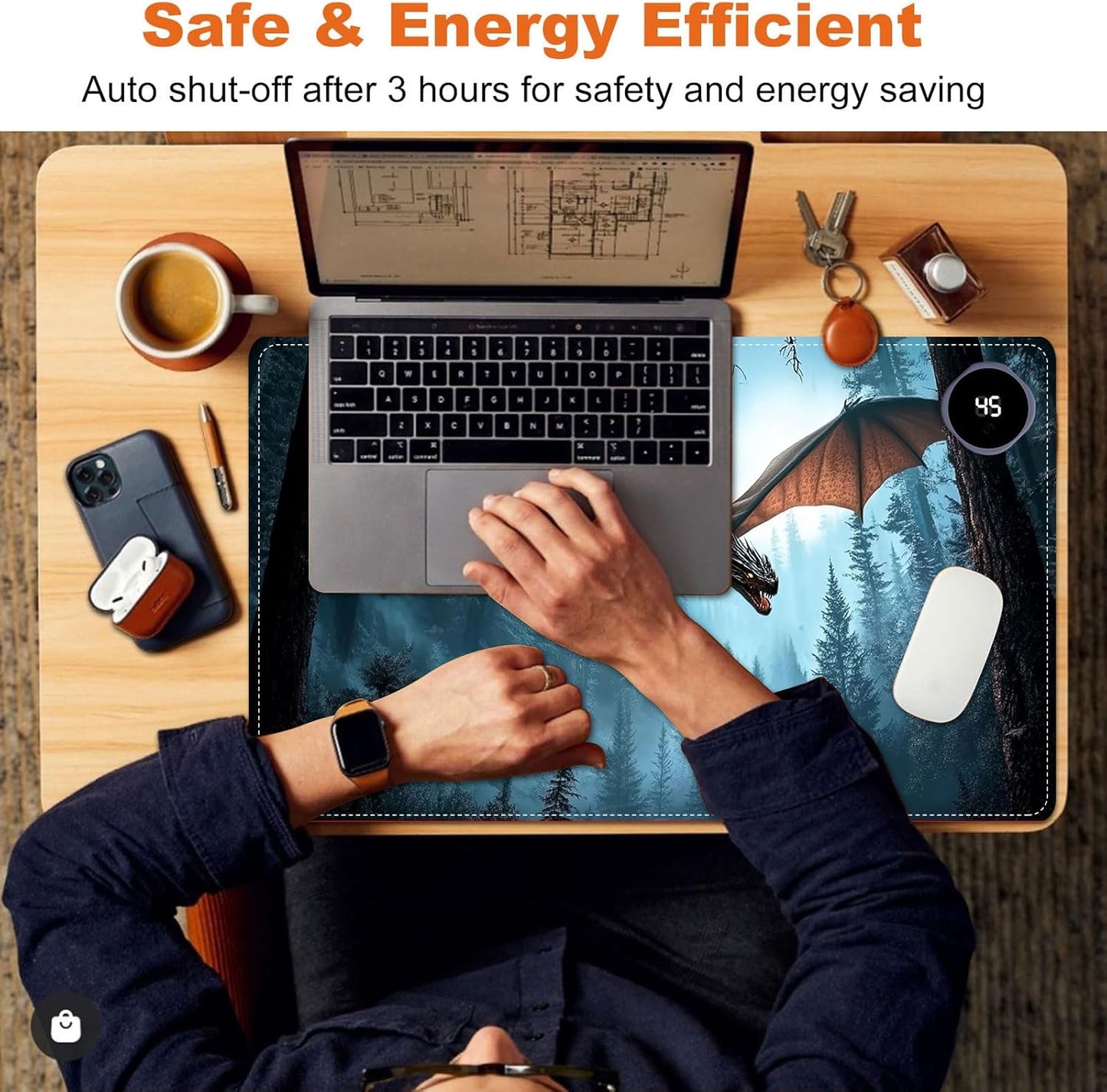 Small Heated Desk Pad 23.6" x 14.2" – Compact Electric Mouse Pad with 3 Heating Levels, Auto Shut-Off, Waterproof PU Surface, Plug-in Warmer for Office or Home Use, Flying Dragon