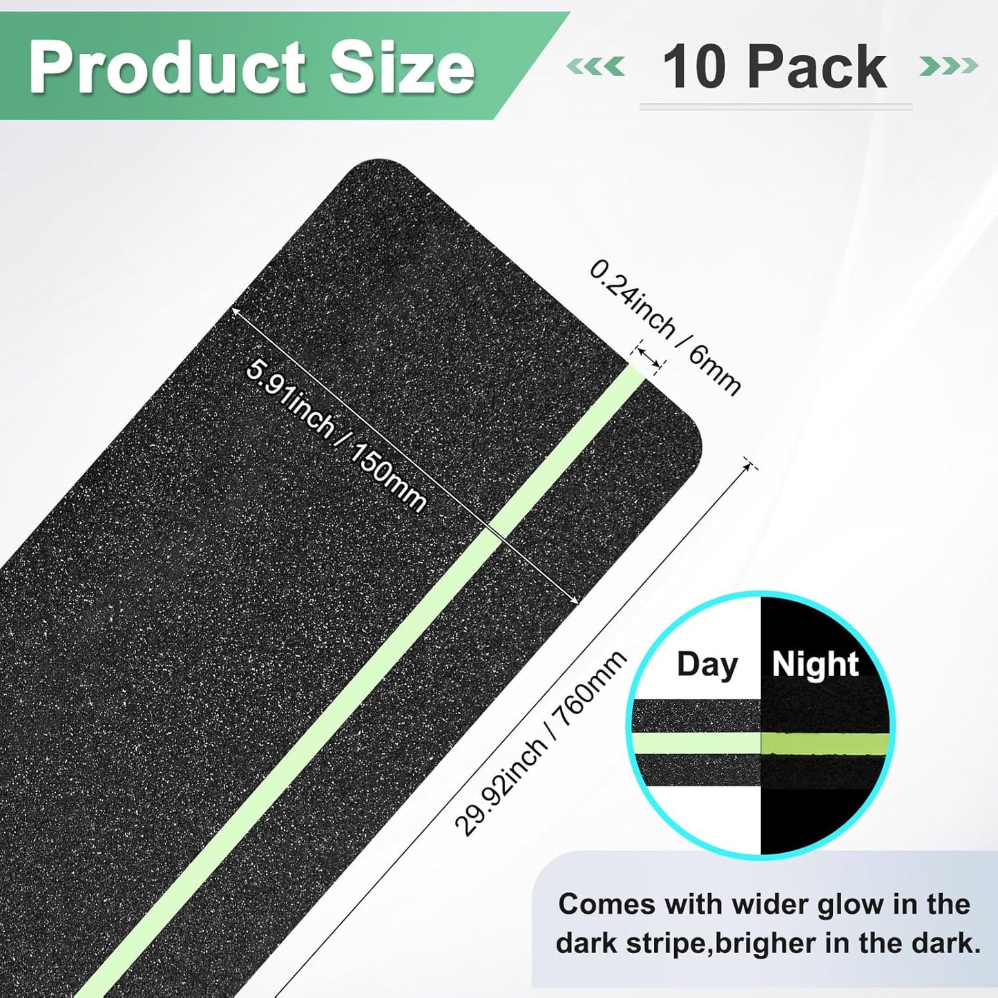 10-Pack Anti Slip Traction Tape 30" x 6" Best Grip Tape Grit with 6mm/0.24" Glow in Dark Stripe High Traction Friction Abrasive Adhesive for Indoor/Outdoor Stairs[Black+Green]