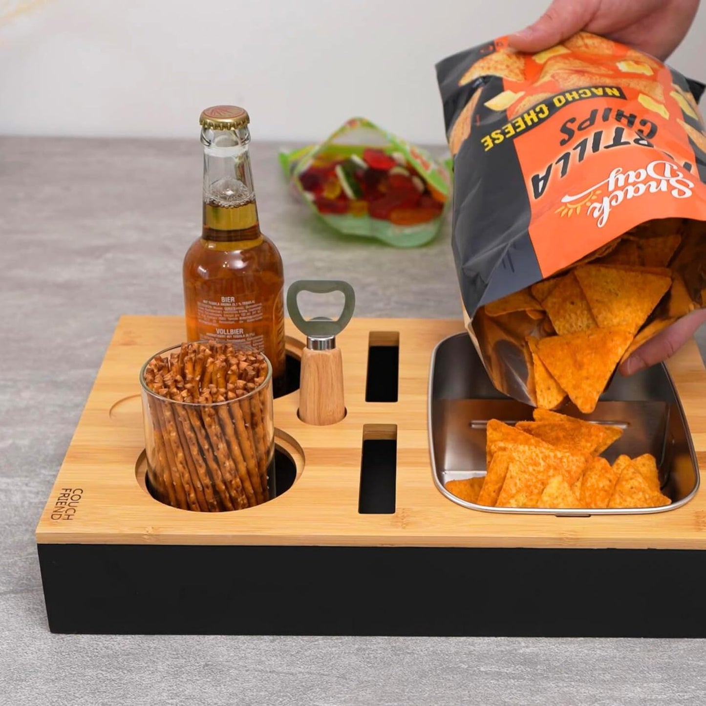 D&D Living® Couch Caddy - Bamboo Couch Console | Anti-Spill Drink and Cup Holder | Snack Organizer Tray for Sofa with Bottle Opener