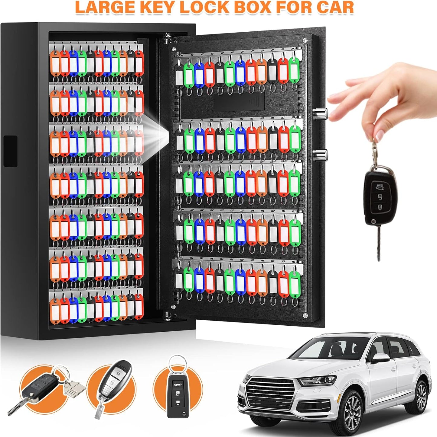 144 Keys Fireproof Key Cabinet, Anti-Theft Heavy Duty Key Lock Box with Key Tags, Adjustable Key Organizer Wall Safe with Combination Lock for Car Office House Garage Rental Business