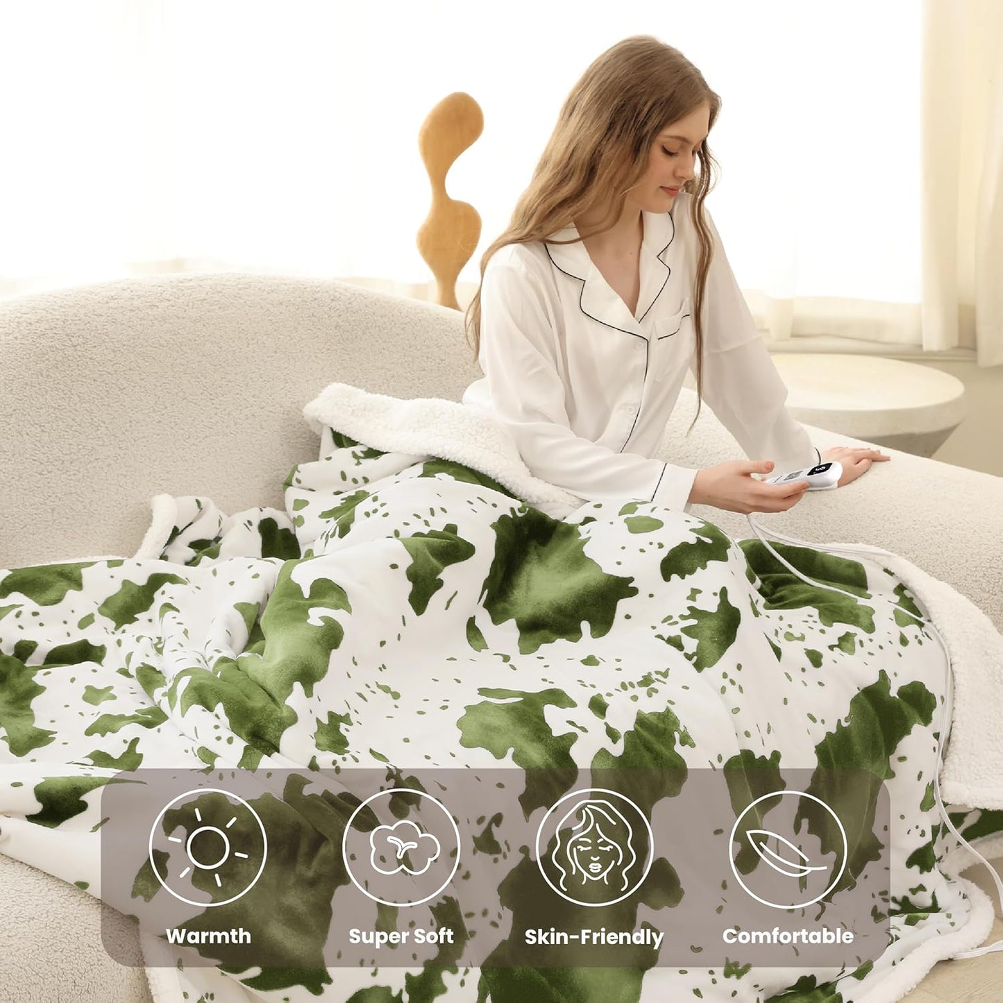 Cow Print Heated Blanket Full-Heating Electric Blanket Full with 10 Heat Levels & 10 Hours Auto-Off, Cozy Soft Fleece Sherpa, Washable, 72 x 84 Inche Cow Print Sage